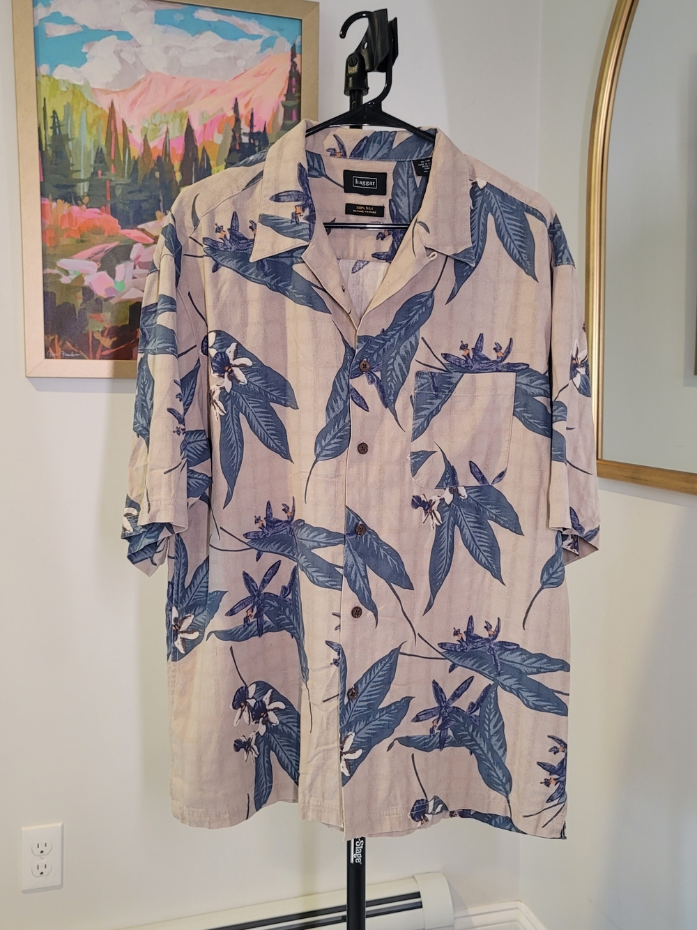 HAGGAR 100% Washable Silk Tropical Shirt Tan Blue Men's Size XL